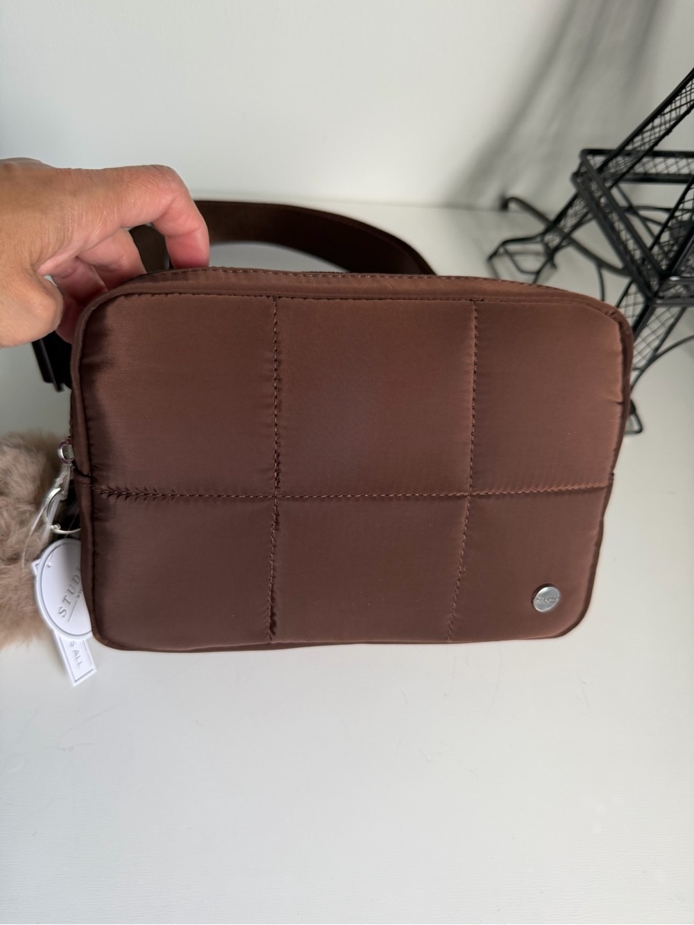 Quilted Brown Crossbody Bag with Metal Accent - Studio NYC